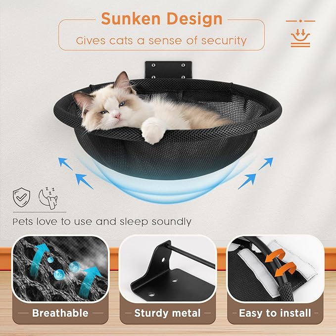 Cat Hammock Wall Mounted, Foldable &amp; Stable Cat Beds- Breathable Cat Wall Shelves for Sleeping, Playing, Climbing, and Lounging - Maximum Hold Up to 30lb (Black)