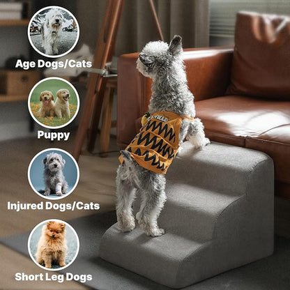 MEWANG Dog Stairs for Small &amp; Medium Dogs and Old Cats –3/4/ 5 Steps High-Density Foam Pet Ramp for Bed &amp; Couch, Non-Slip, Washable Cover, Grey (Round Corner, 3 Steps: 17.95&