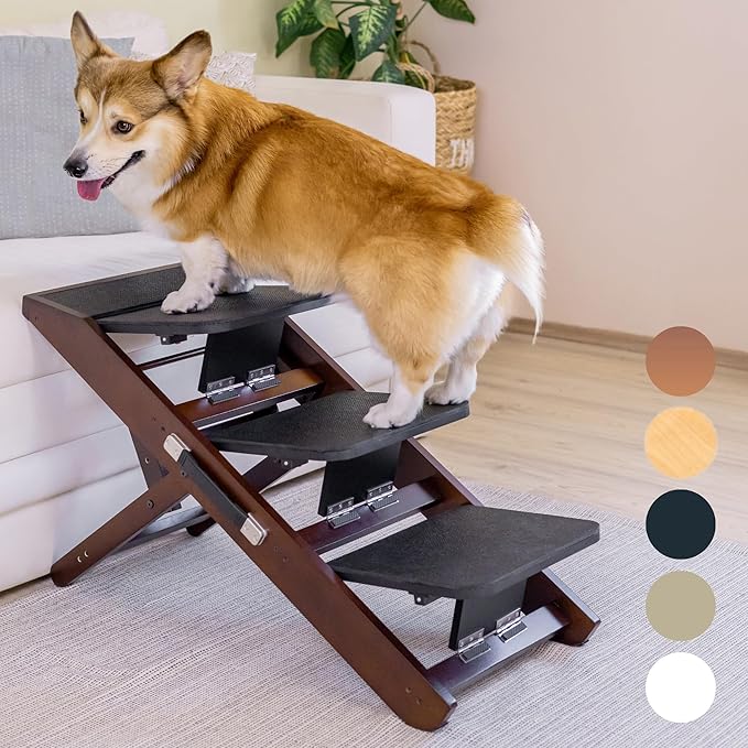 Dog Steps for Bed &amp; Couch 2-in-1 Dog Stairs/Ramp - Height Adjustable Dog Ramp for Couch 7” - 20” - Pet Stairs, Dog Stairs for Small Dogs - Easy to Move Pet Steps with Landing Platform, Walnut