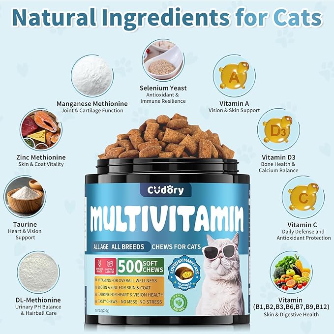 Cat Multivitamin, Crunchy &amp; Creamy Cheese Chew– Supports Energy and Skin &amp; Coat – with Taurine, B-Complex, Zinc Methionine &amp; Selenium Yeast – Daily Health Supplement for Cats of All Ages (500 Chew)