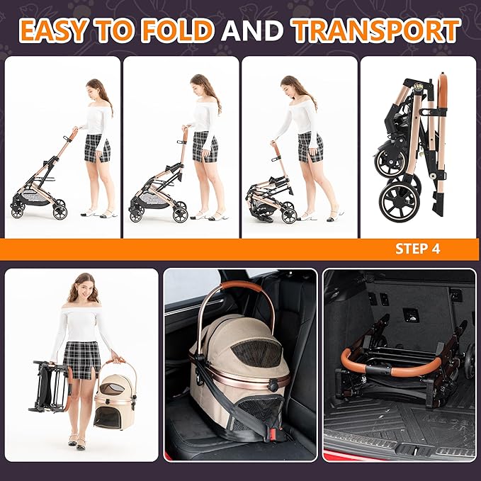Kenyone 3-in-1 Pet Stroller for Small Medium Dogs Puppy Cat Stroller with Detachable Carrier &amp; Pad Lightweight Foldable Aluminum Alloy Frame Dual No-Zip Entry(Khaki)