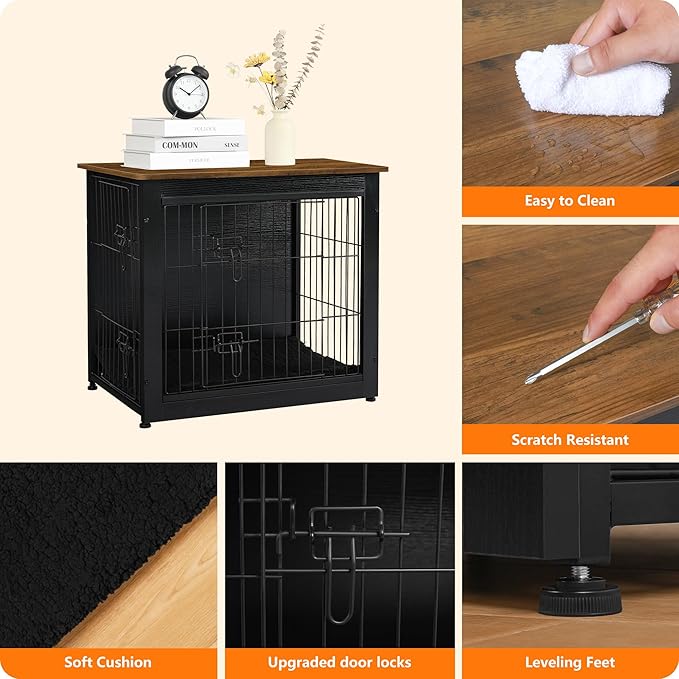 DWANTON Dog Crate Furniture with Cushion, Wooden Kennel Table with Double Doors, Indoor Dog House, Small/Medium/Large Size, 27.2" L, Black+Warm Brown