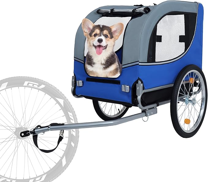Blue-Grey Large Folding Bike Trailer for Dogs – Heavy-Duty Steel Frame, 66LB Capacity Pet Carrier for All-Terrain Cycling, Jogging &amp; Camping Adventures!