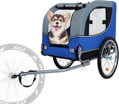 Blue-Grey Large Folding Bike Trailer for Dogs – Heavy-Duty Steel Frame, 66LB Capacity Pet Carrier for All-Terrain Cycling, Jogging &amp; Camping Adventures!