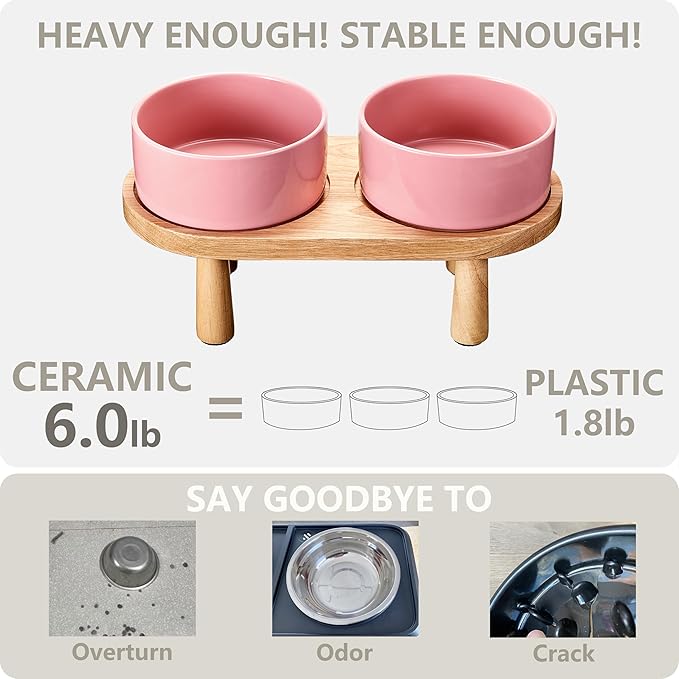 Ceramic Elevated Dog Bowls, Pet Food and Water Bowl Set for Medium and Small Dogs, 3.5 Cups Dog Bowls Raised with Wood Stand, 29OZ, Pink
