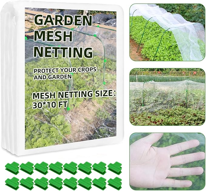 Garden Netting Mesh, 10X30 FT Garden Netting with 16 Cilps &amp; Ultra Fine Mesh Net Bird Barrier Protection for Garden Vegetables Flowers Shrubs Fruit Trees Indoors &amp; Outdoors Plant Beds Greenhouse