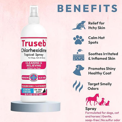 Truseb Topical Ketoconazole and Chlorhexidine Spray for Dogs, Cats, and Horses with Aloe - 8 oz (Ketoconazole &amp; Chlorhexidine Spray, 8 oz)