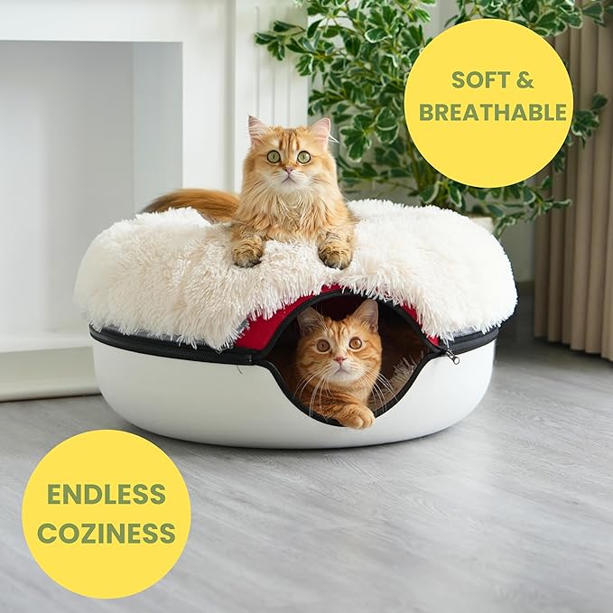 CATTASAURUS Peekaboo Cat Cave for Multiple &amp; Large Cats Up to 30-45 Lbs, Fluffy Cat Beds &amp; Furniture, Scratch Detachable &amp; Washable Tunnel Bed, Comfy Donut Bed (Ruby Snowball, Large (Calming))