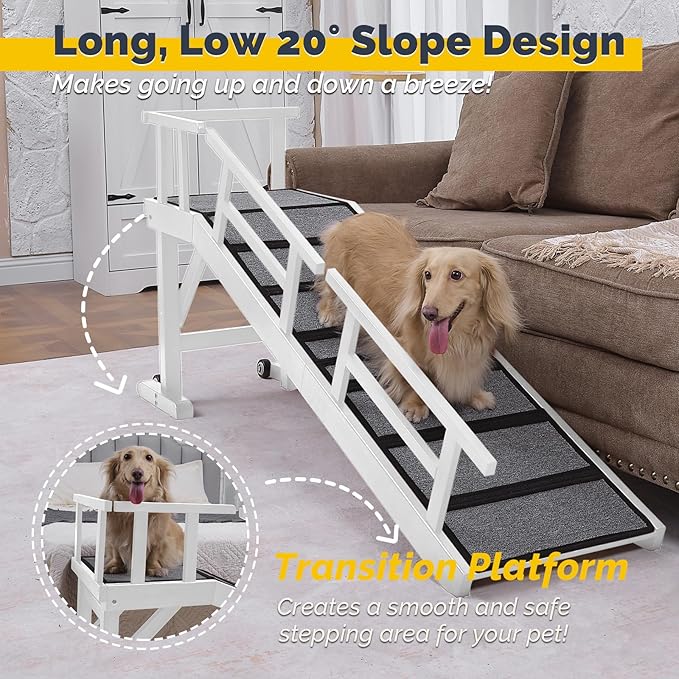 Dog Ramp for Bed or Couch, Wooden Pet Ramp with 20° Gentle Slope, Removable Side Rails, Non-Slip Surface, Top Platform &amp; Wheels, Safe Bed Ramp for Small, Medium &amp; Senior Dogs, 60" Long, White