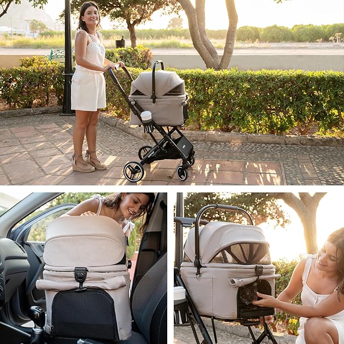 X2 Pet Stroller, Dog Cat Stroller for Small Pets Under 44lbs, Equipped with Detachable &amp; Foldable Carrier, Waterproof Pad &amp; Sunshade Canopy,Camel (Camel)