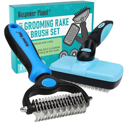 Maxpower Planet Dog Rake and Dog Hair Brush - Gently Removes Loose Undercoat, Mats and Tangled - Deshedding Grooming Tool for Dogs &amp; Cats - Self Cleaning Slicker Brush - All Hair Types