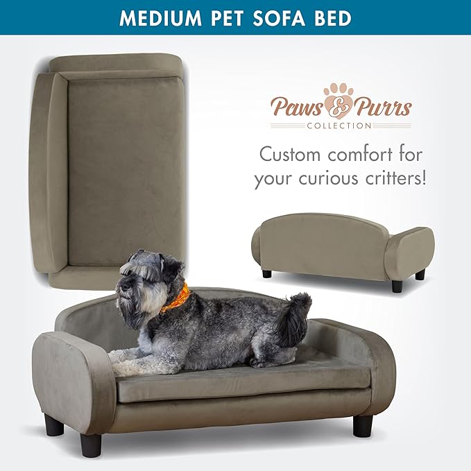 Paws &amp; Purrs Multi-Cat Sofa Elevated Pet Bed for Indoor Cats Raised Cats Couch with Removable Washable Mattress Cover for Kittens, Dogs - 35.5" Wide, Ash