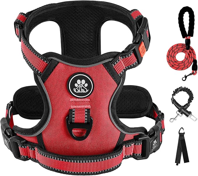 IVY&amp;LANE No Pull Dog Harness for Large Dogs, Dog Vest Harness with Leash, Safety Belt and Storage Strap, Fully Adjustable Harness, 360° Reflective Strip, Soft Handle (Red, L)