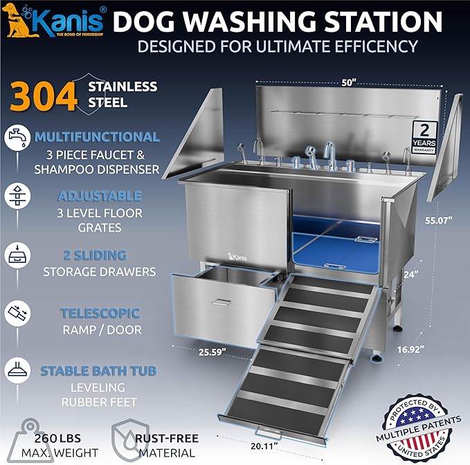 KANIS Professional Dog Washing Station - 304 Stainless Steel Pet Wash Sink &amp; Grooming Bath Tub for Home with Ramp, Shower, Floor Grate, Storage Drawers, and Faucet for Large, Medium &amp; Small Pets