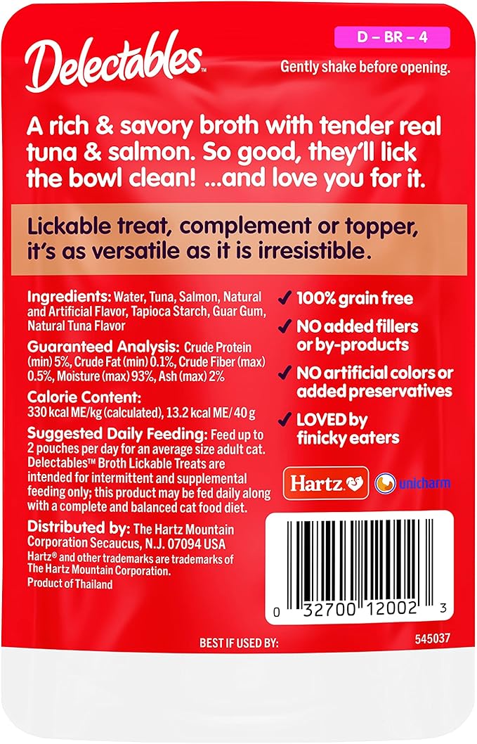Hartz Delectables Savory Broths Tuna &amp; Salmon Lickable Wet Cat Treats, 12 Count