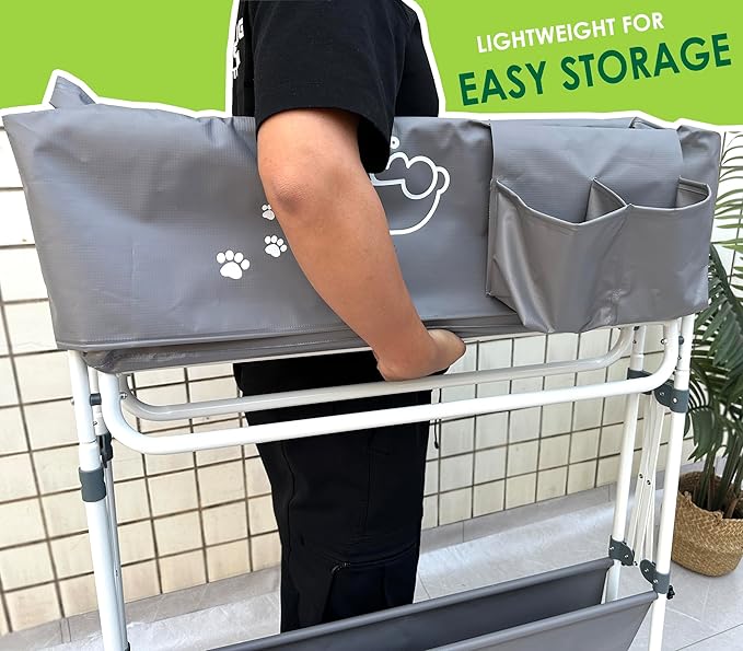 Elevated Dog Bathtub, Portable Dog Washing Station for Home with Towel Bar &amp; Storage, Folding Pet Bath Tub for Small &amp; Medium Dogs