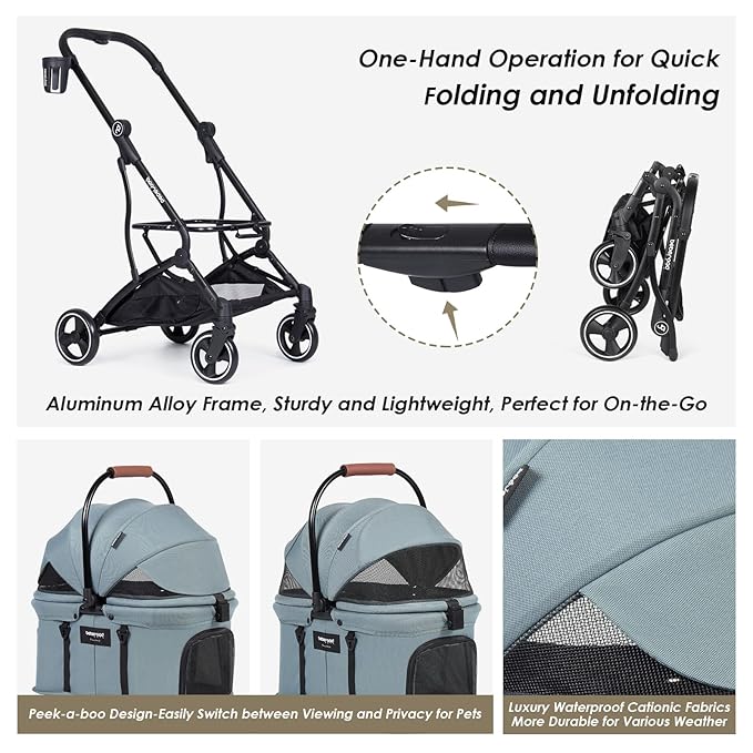 T3 3-in-1 Small Pet Stroller for Dog &amp; Cats, 4 Wheels with Detachable Carrier with Pad, Canopy and Cup Holder (Green)