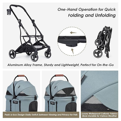 T3 3-in-1 Small Pet Stroller for Dog &amp; Cats, 4 Wheels with Detachable Carrier with Pad, Canopy and Cup Holder (Green)
