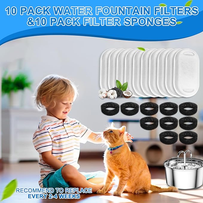 Cat Water Fountain Filters, 20Pack Cat Fountain Replacement Filters for Stainless Steel 108oz/3.2L&amp; 67oz/2L adjustable Water Flow Pet Water Fountain,Dog Water Fountain Filters（10 Filters&amp; 10 Sponges)