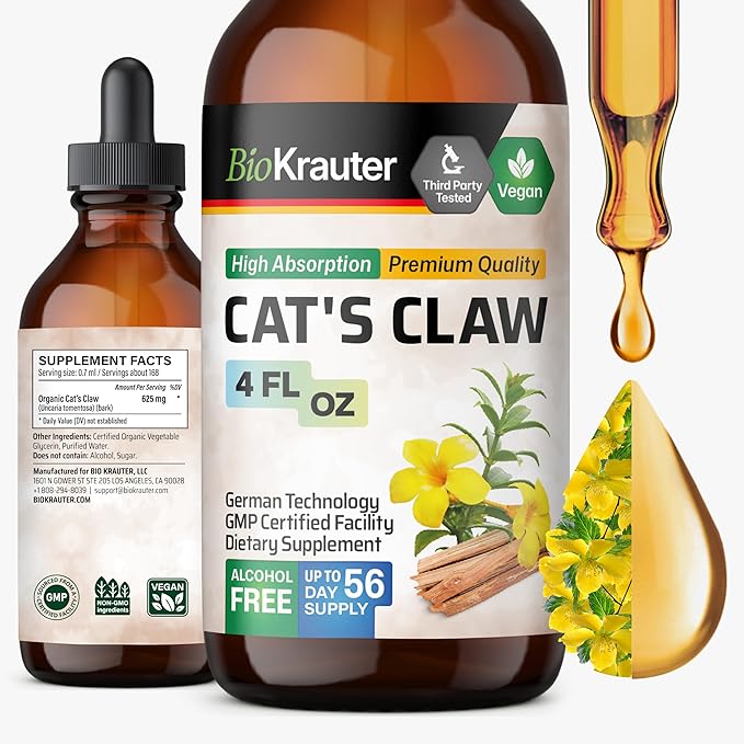 BIO KRAUTER Cats Claw Tincture - Liquid Cats Claw Herb for Immune Support - Alcohol &amp; Sugar Free - Vegan Drops 4 Fl.Oz.