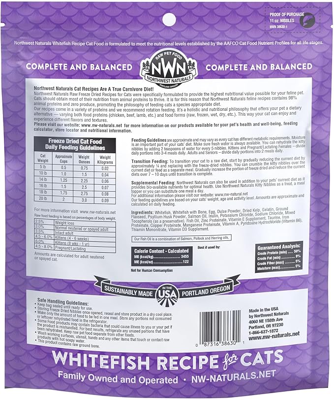 Northwest Naturals Freeze-Dried Whitefish Cat &amp; Kitten Food – Bite-Sized Nibbles, Healthy, Limited, Human-Grade Ingredients, All-Natural, High-Protein Raw Diet, Complete &amp; Balanced, 11 oz (Pack of 3)