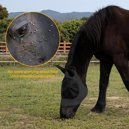 2 Piece Horse Fly Mask with Ears, Comfortable Fit Stretch Fabric Big Eye Space Soft Breathable with UV Protection for Full Horses (Red-Black)