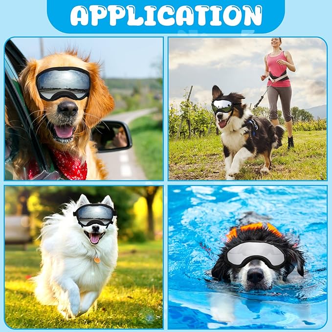 Dog Goggles for Large Dogs, UV Wind Dust Fog Protection, Soft Frame Adjustable Dog Sunglasses, Summer Driving &amp; Winter Snow Eyewear, Tactical Pet Glasses with Elastic Strap (Black)