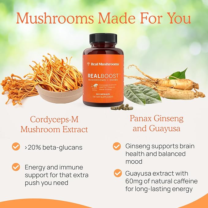Real Mushrooms RealBoost Capsules – Cordyceps Mushroom, Panax Ginseng &amp; Guayusa Extract – for Overall Wellness &amp; Energy Support – Vegan, Non-GMO, No Fillers – 60 Count Mushroom Supplement Blend