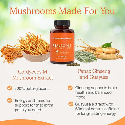 Real Mushrooms RealBoost Capsules – Cordyceps Mushroom, Panax Ginseng &amp; Guayusa Extract – for Overall Wellness &amp; Energy Support – Vegan, Non-GMO, No Fillers – 60 Count Mushroom Supplement Blend