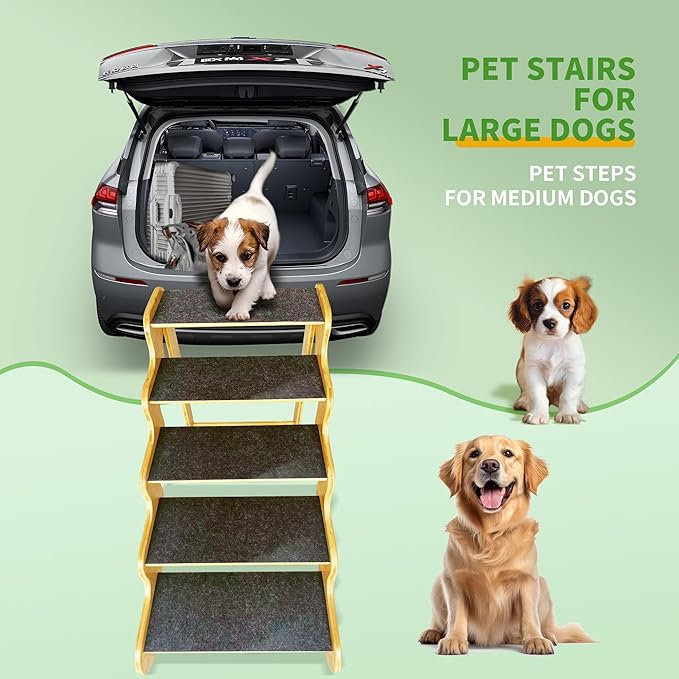 Dog Stairs for Large/Oldder Dogs,4 Steps Bamboo Wooden Pet Ramp for High Beds, Cars &amp; Couch Sofa - Supports Dog Up to 160 LB,20-inches High