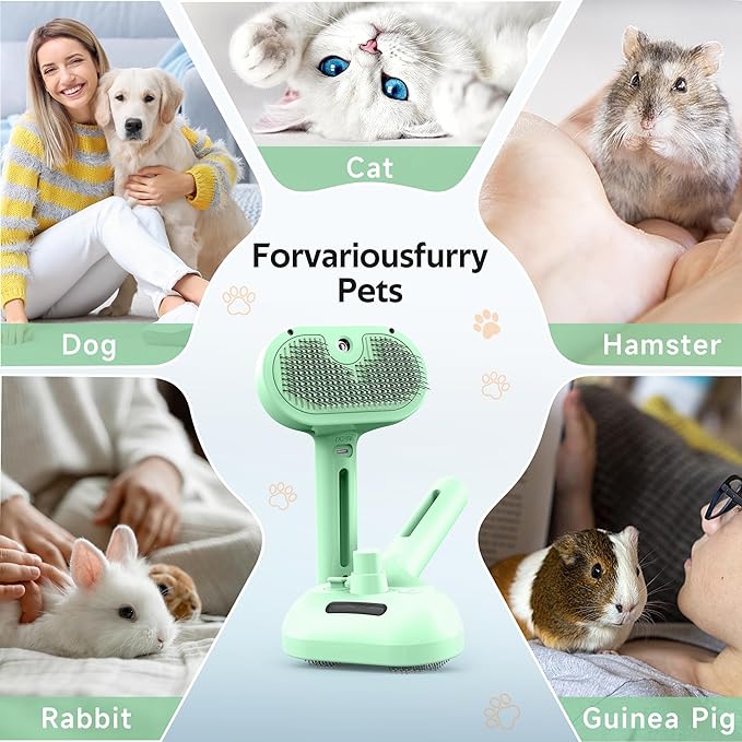 Pet Grooming Brush with Electronic Mist Spray - Gentle Deshedding Tool for Cats &amp; Dogs, Pet Steam Brush，Reduces Shedding, Soft Bristles, Promotes Healthy Coat-Comes with a hair smoothing comb-Greener