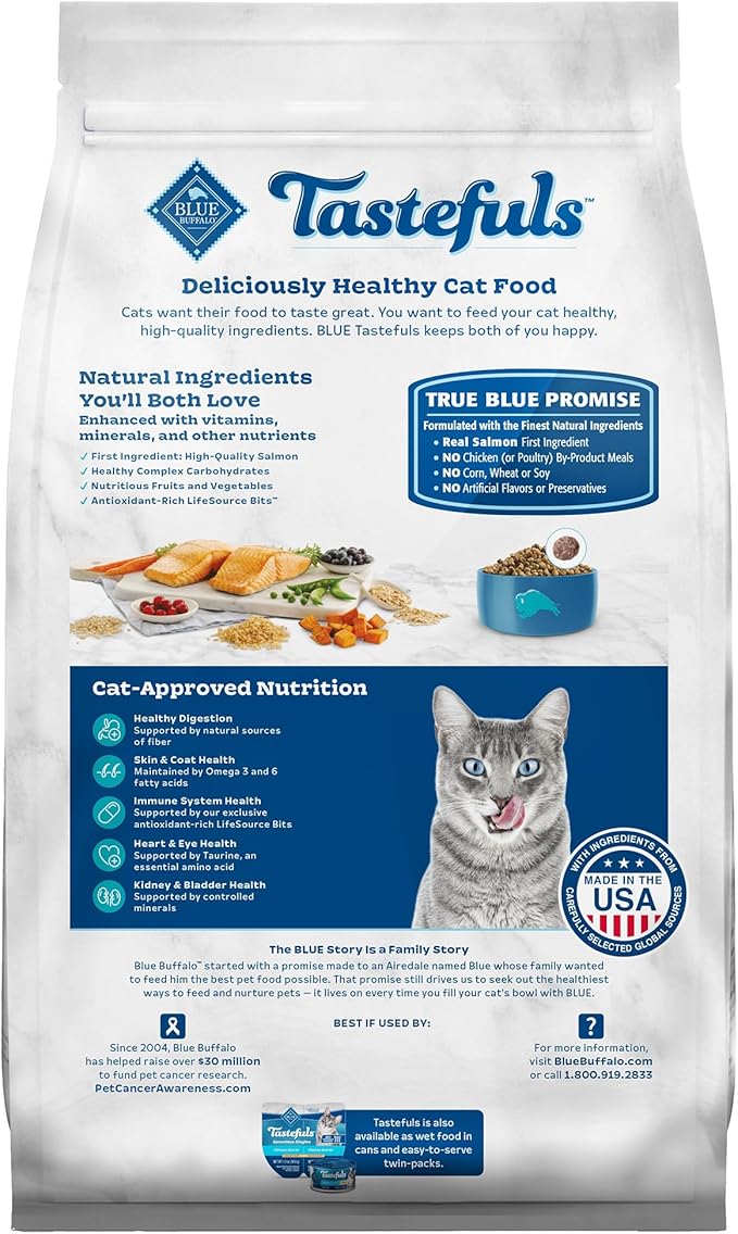 Blue Buffalo Tastefuls Natural Dry Food for Adult Indoor Cats, Salmon &amp; Brown Rice Recipe, 3-lb. Bag