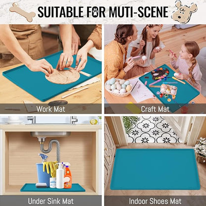 MateeyLife Dog &amp; Cat Food Water Mat for Floors Waterproof, Nonslip Pets Bowl Feeding Mats with Raised Edges, Silicone Matt Tray for Messy Drinkers, 18"x12", Teal