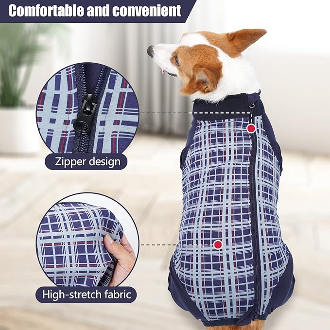 Dog Recovery Suit, Abdominal Wound After Surgery Wear, Anti Licking Bodysuit with Zipper, E-Collar &amp; Cone Alternatives, Plaid Dog Spay Surgical Shirt Prevent Shedding(2XL, Blue)