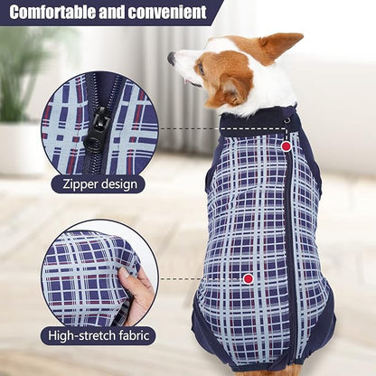 Dog Recovery Suit, Abdominal Wound After Surgery Wear, Anti Licking Bodysuit with Zipper, E-Collar &amp; Cone Alternatives, Plaid Dog Spay Surgical Shirt Prevent Shedding(2XL, Blue)