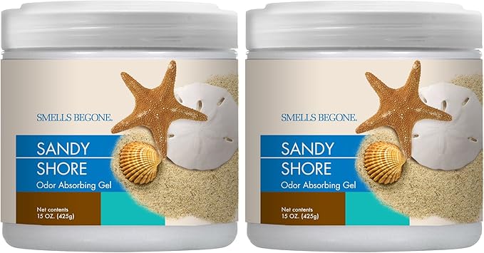 SMELLS BEGONE Air Freshener Odor Absorber Gel - 15 oz, Pack of 2 - Absorbs and Eliminates Odor in Pet Areas, Bathrooms, Cars, &amp; Boats - Made with Essential Oils - Sandy Shore Scent