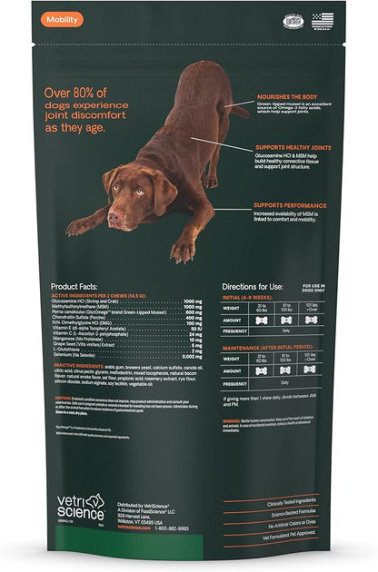 VetriScience Ultimate Strength Healthy Hip &amp; Joint Chews, GlycoFlex Glucosamine, Chondroitin &amp; Green-Lipped Mussel Joint Support Supplement for Dogs, Soothe Joint Discomfort, Peanut Butter, 120 Count