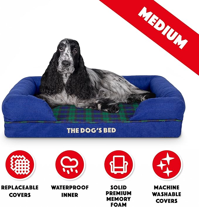 The Dog’s Bed, Med Black Watch Tartan 30x23.5, Memory Foam, Pain Relief: Arthritis, Hip &amp; Elbow Dysplasia, Post Surgery, Lameness, Supportive, Calming, Waterproof Washable Cover, Veterinary Approved