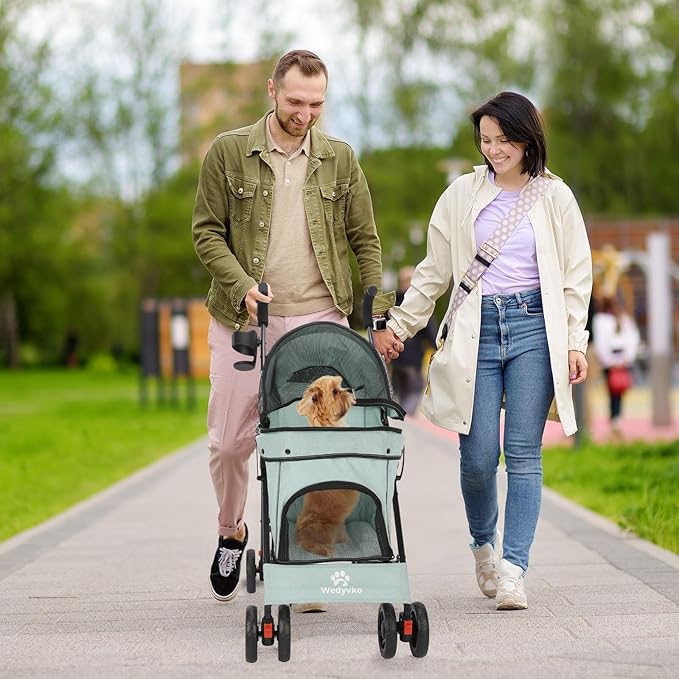 Umbrella Dog Stroller, 4 Wheels Pet Strolling, Foldable Carrier Pet Stroller for Small Dogs Cats, with Carrying Strap and Cup Holder, Dog Poop Bags &amp; Dispenser, Up to 33 lbs, Cyan