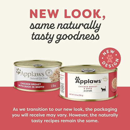 Applaws Natural Wet Cat Food in Broth, Limited Ingredient Canned Wet Cat Food, No Additives, Made with Natural Ingredients, Chicken Breast &amp; Duck in Broth (24 x 5.5oz Cans)