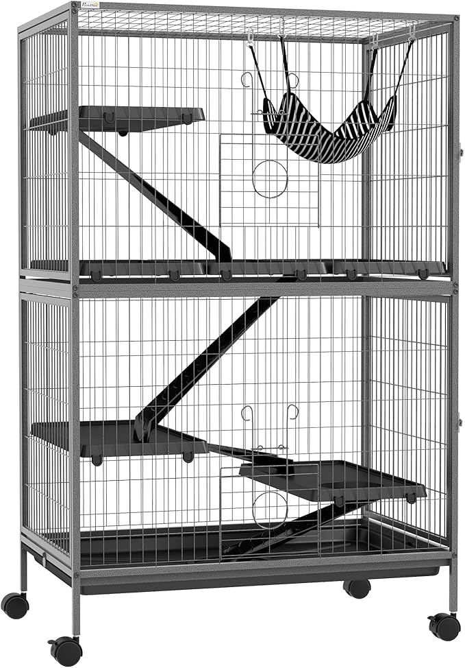 PawHut 50" 5-Tier Small Animal Cage, Ferret Cage, Large Chinchilla Cage with Hammock Accessory &amp; Heavy-Duty Steel Wire, Small Animal Habitat with 4 Doors, Removable Tray, Gray