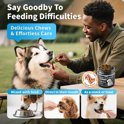 Calming Chews for Dogs – Calming Treats for Anxiety, Stress, Separation, Travel&amp;Thunder, Relaxation &amp; Focus Support with L-Theanine, Valerian Root, Chamomile &amp; Ashwagandha, Bacon Flavor, 60Ct