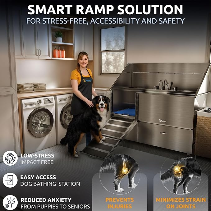 KANIS Professional Dog Washing Station - 304 Stainless Steel Pet Wash Sink &amp; Grooming Bath Tub for Home with Ramp, Shower, Floor Grate, Storage Drawers, and Faucet for Large, Medium &amp; Small Pets