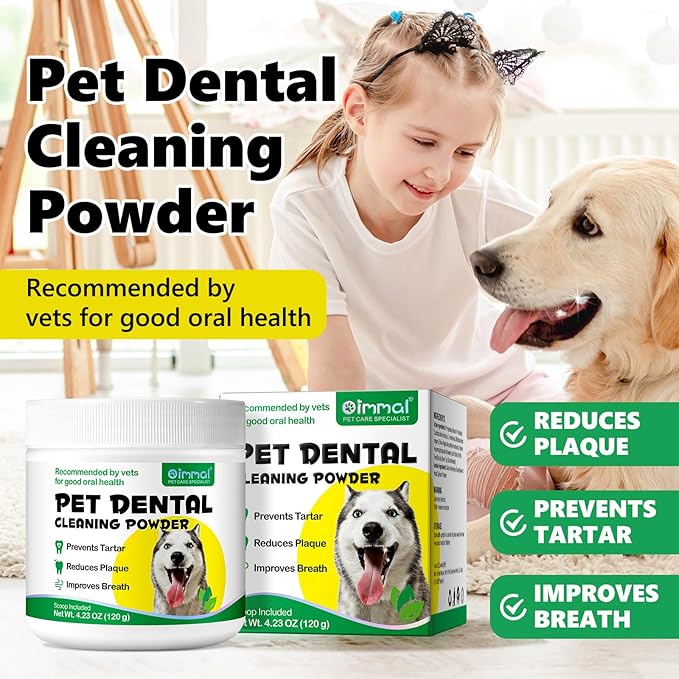 Dog Dental Powder, 120g Teeth Cleaning Powder for Dogs, Breath Freshener with Probiotics Improve Bad Breath, Remove Plaque &amp; Tartar - Pets Dental Care Supplement for Dogs - 4.23 OZ/Scoop Included