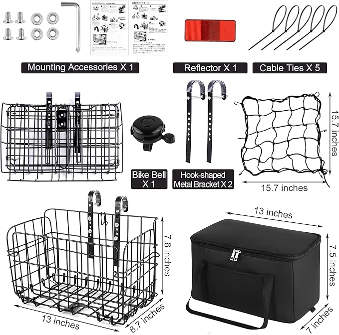 Aodaer Bike Basket with Removable Liner Bag Cargo Net Large Folding Bike Basket Quick Release Metal Ebike Basket Bicycle Storage Basket for Carrying Fruit &amp; Grocery Pets Dogs