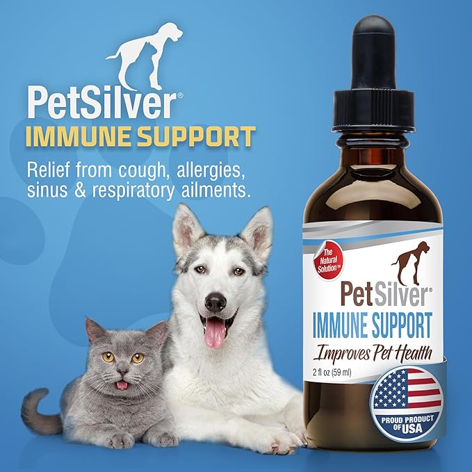 PetSilver Immune Support - Promotes Respiratory Health in Cats &amp; Dogs, Sinus &amp; Kennel Cough Treatment, Natural Antibiotic, Allergy Relief, Chelated Silver Formula, Easy-to-Use Dropper, USA - 2 fl oz