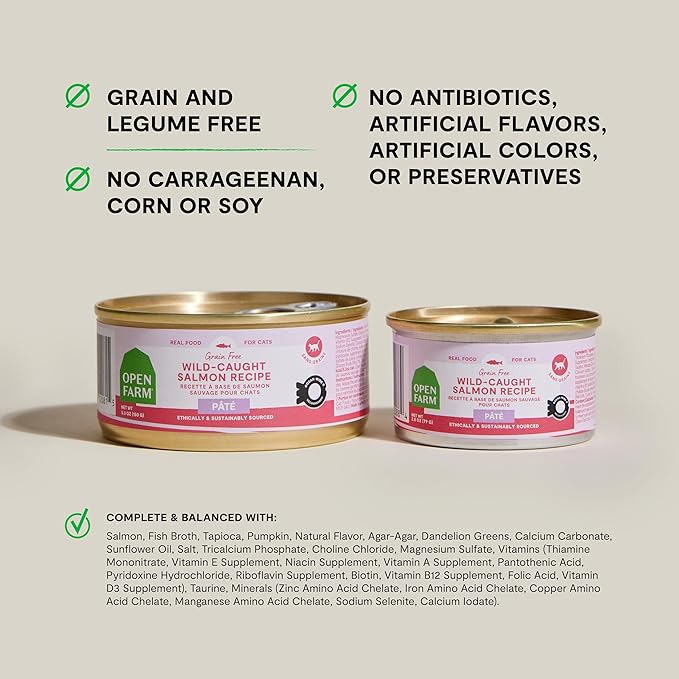 Open Farm Canned Cat Food, Paté for Complete &amp; Balanced Nutrition, Grain-Free and Legume-Free Wet Cat Food, Salmon Recipe, 5.3oz Cans (Case of 12)