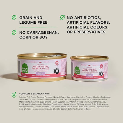 Open Farm Canned Cat Food, Paté for Complete &amp; Balanced Nutrition, Grain-Free and Legume-Free Wet Cat Food, Salmon Recipe, 2.8oz Cans (Case of 18)