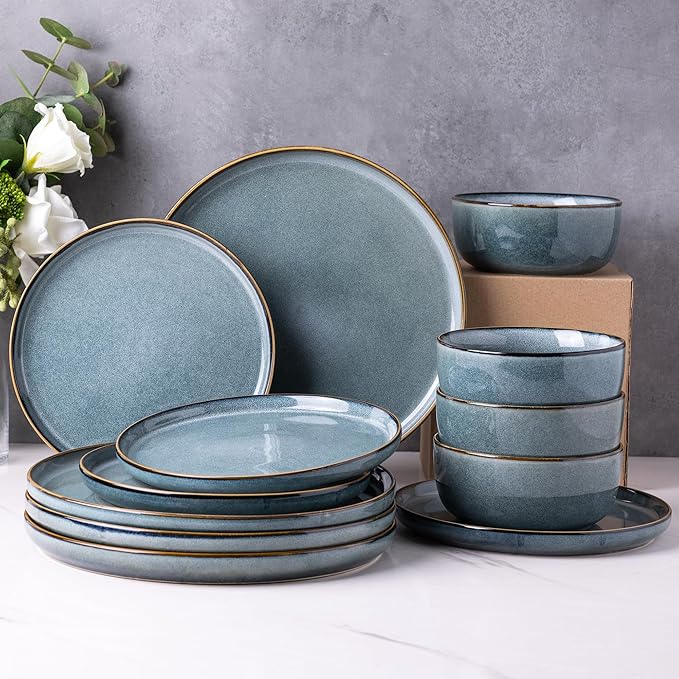 GBHOME Ceramic Dinnerware Sets for 6, 18 Pieces Stoneware Plates and Bowls Sets, Scratch Resistant Dishes, Dishwasher &amp; Microwave Safe, Space Blue