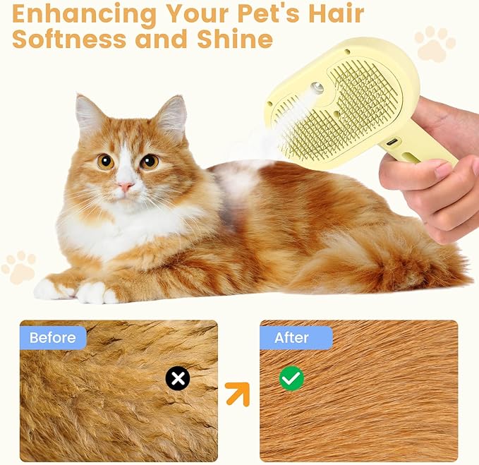 3 in 1 Cat Steam Brush, Pet Spray Hair Removal Comb for Shedding &amp; Grooming, Water Brush for Cats Dogs Small Animals Long Short Haired with One-Click Release Button(Yellow)